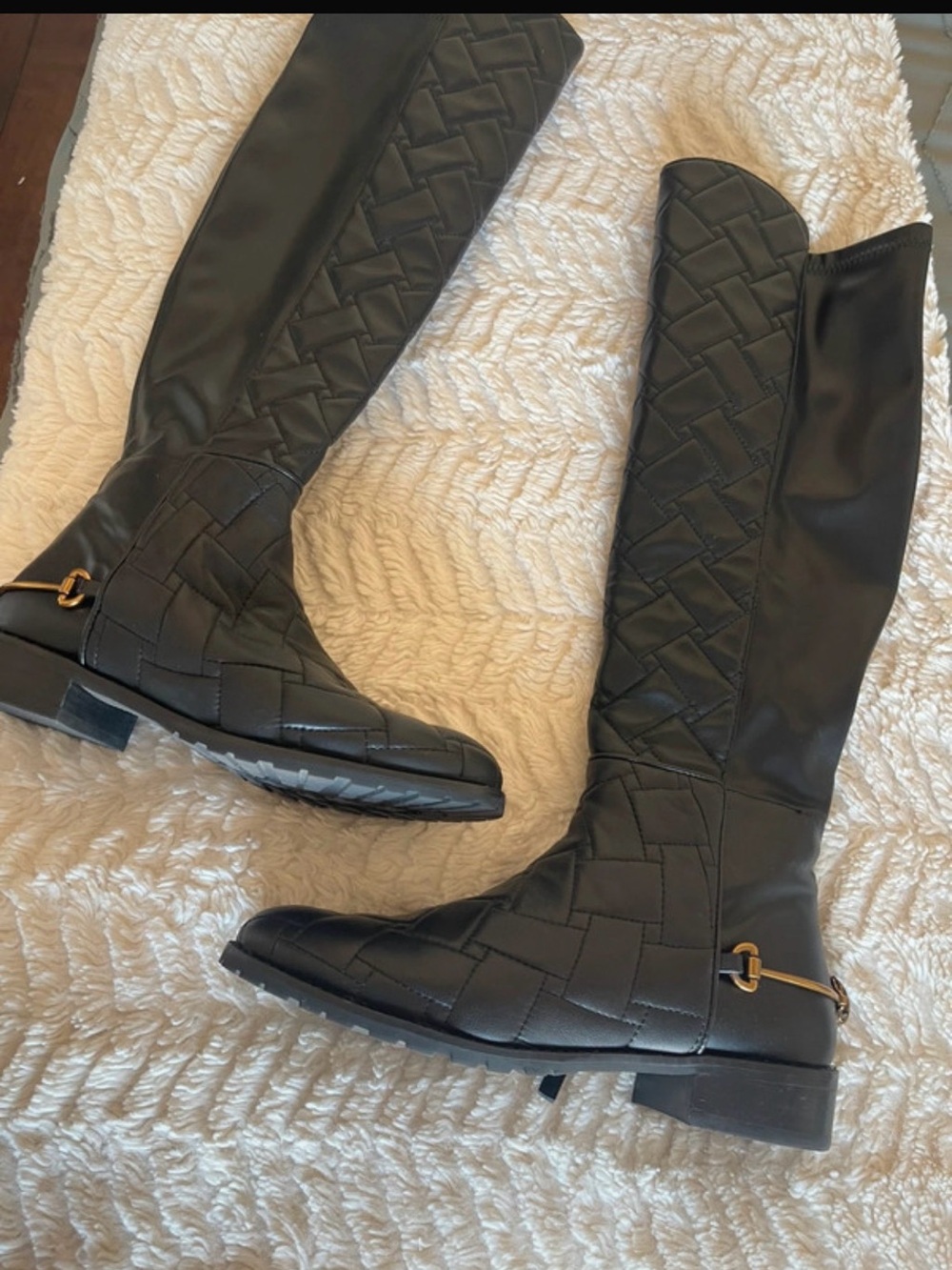 Kurt Geiger Black Quilted Knee-High Riding Boots with Gold Accent